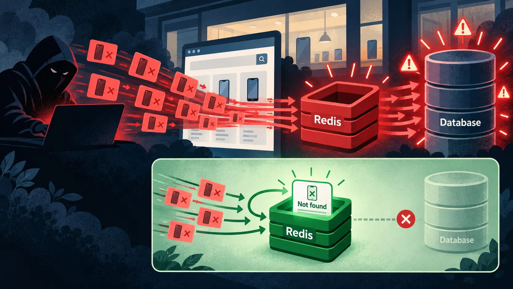 Nonexistent product requests overwhelm a database until Redis caches not-found results.